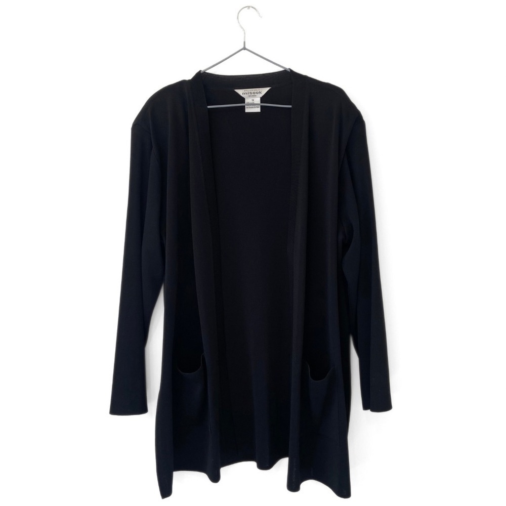 Misook Black Open-Front Ribbed Knit Shoulder-Pad Cardigan Size 1X